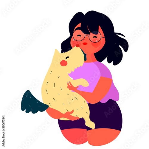 Mujer contenta abrazando a su perro