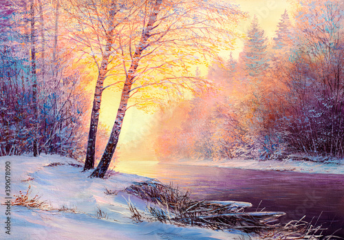 Christmas forest with river. Oil painting landscape.