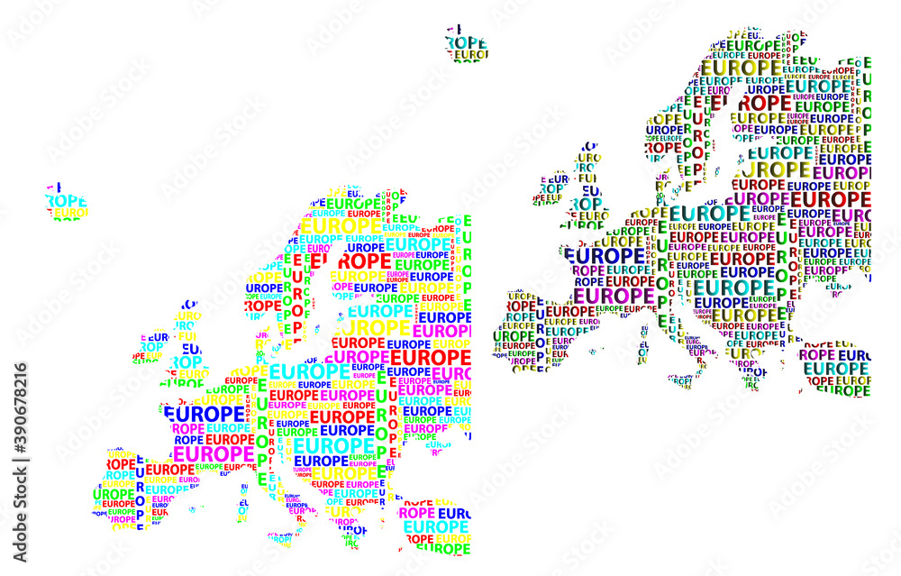 Naklejka premium Sketch Europe letter text continent, Europe word - in the shape of the continent, Map of continent Europe - color vector illustration