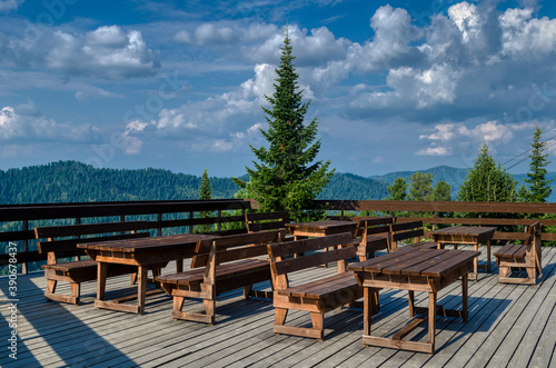 A summer cafe overlooking the mountains