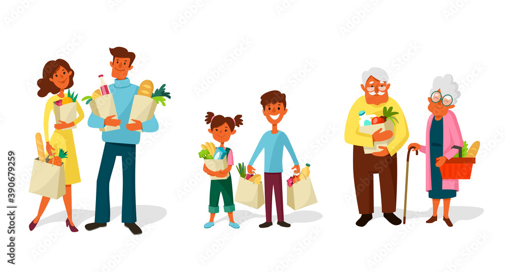 People shopping set. Families and couples from children to old people with bags of groceries. Cartoon vector illustration isolated on white background.