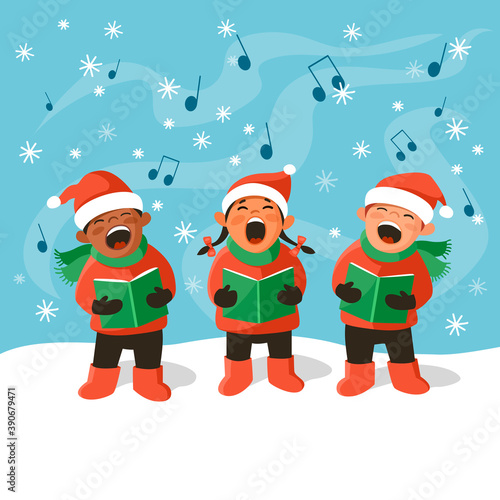 Three cute kids in Santa hats are singing Christmas carols. Cartoon vector illustration