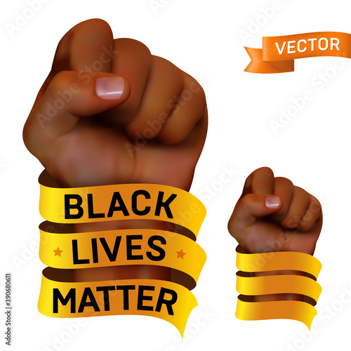 Black lives matter movement against racism. Vector protest poster or banner about human rights of black people in US with raised fist of African human and golden ribbon isolated on white background