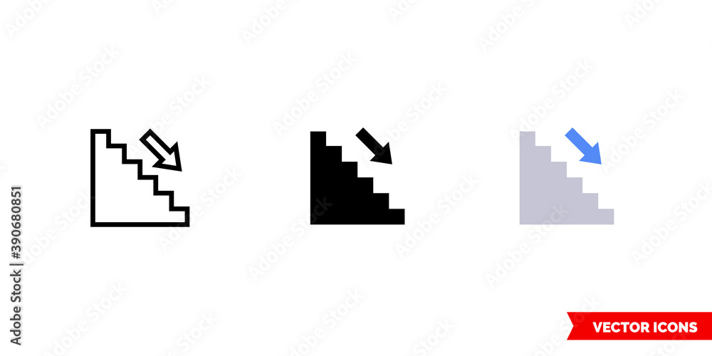 Stairs down icon of 3 types color, black and white, outline. Isolated vector sign symbol.