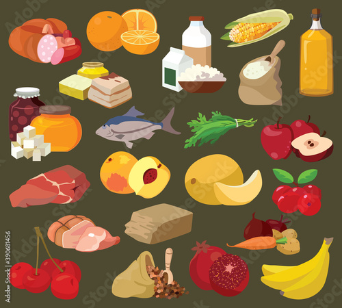 Fruits, vegetables, fats, meat, cereals, dairy products