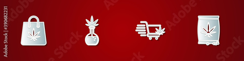 Set Shopping bag of marijuana, Test tube with, cart and Marijuana or cannabis seeds icon. Vector.