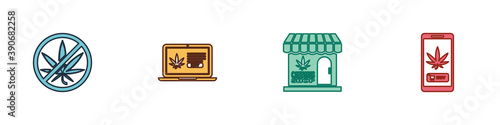 Set Stop marijuana, Online buying, Marijuana and cannabis store and icon. Vector.