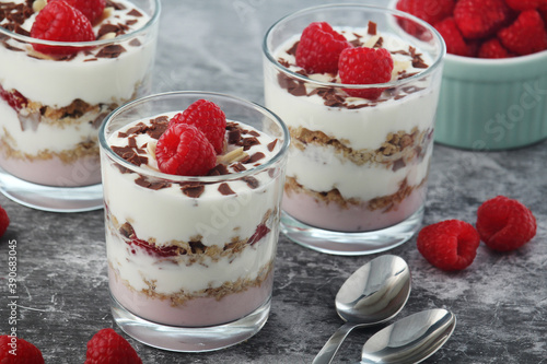 Granola with yogurt trifles with raspberry