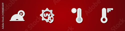 Set Rainbow with sun, UV protection, Meteorology thermometer and icon. Vector.