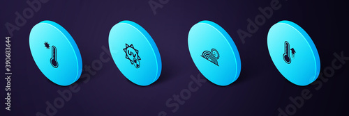 Set Isometric Meteorology thermometer, Rainbow with sun, UV protection and icon. Vector.