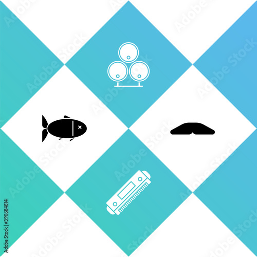 Set Fish, Harmonica, Wooden barrels and Homemade pie icon. Vector.