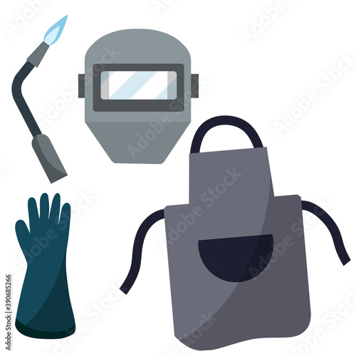 Set the welder. Protective clothing and tool worker. Gas apparatus, apron, helmet mask, glove. Industrial profession. Type of profession. Cartoon flat illustration