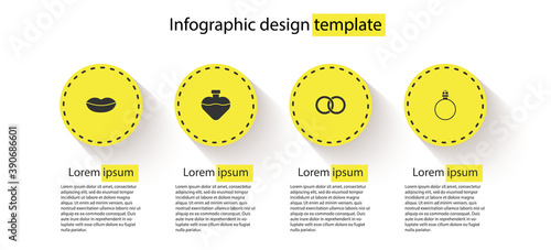 Set Smiling lips, Bottle with love potion, Wedding rings and Diamond engagement. Business infographic template. Vector.