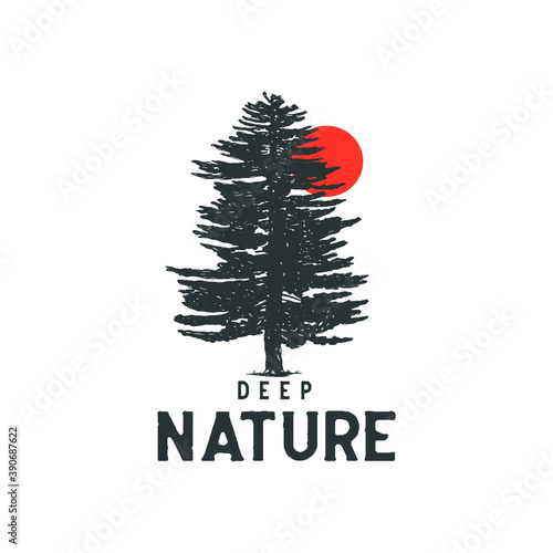 Hand drawn wilderness badge with mountain landscape and inspiring lettering 