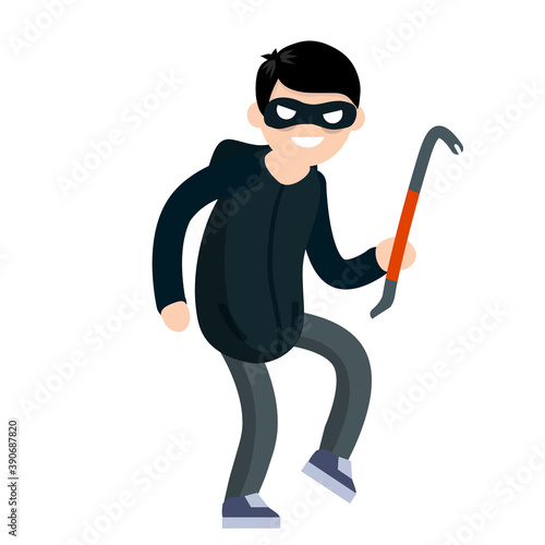 Thief with crowbar. Criminal problem. Man robber in black with mask. Male offender sneaks. Cartoon flat illustration