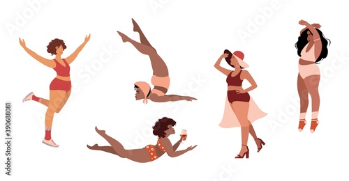 Multiracial women of different body shapes dressed in lingerie. Isolated characters. Happy girls. Body positive. Love your body. Vector cartoon flat illustration.