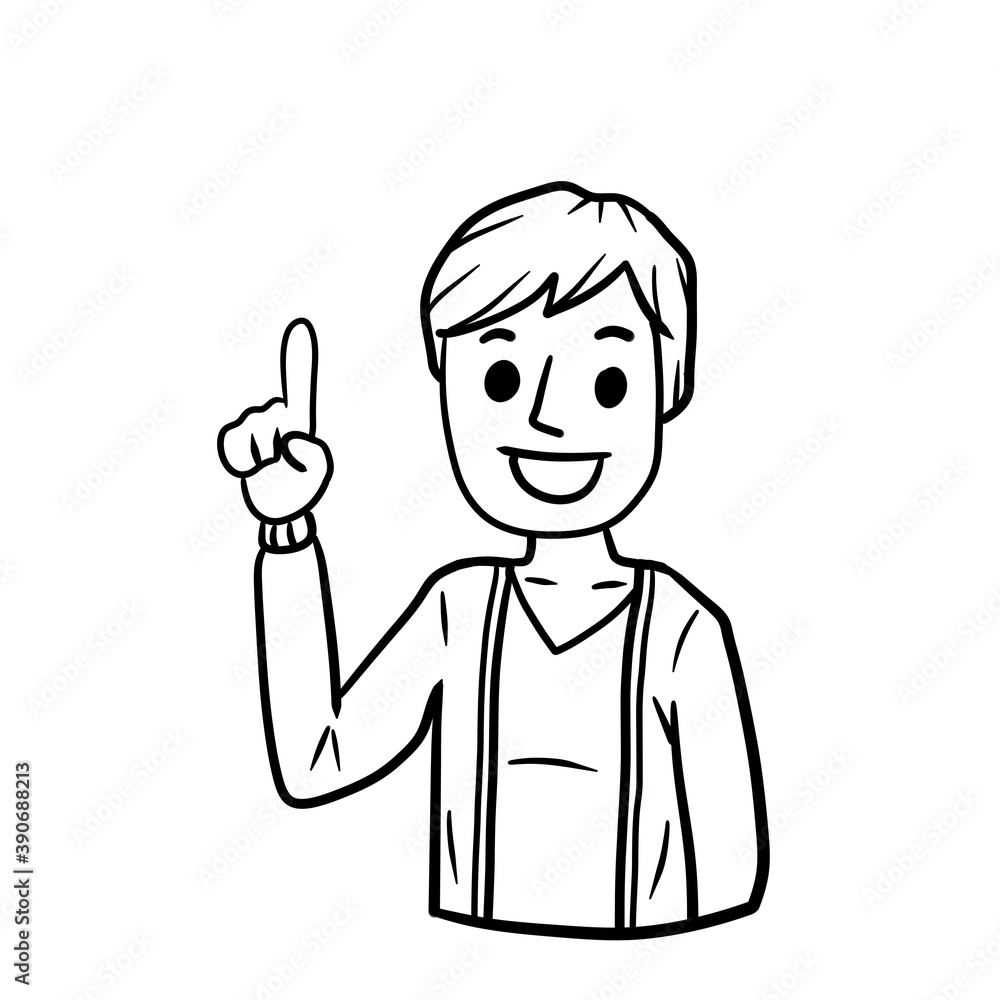 Man points up. Finger and hand gesture. Young smiling guy. Hand-drawn illustration. Happy emotion. Man points up. Finger and hand gesture. Young smiling guy. Hand-drawn illustration. Happy emotion.