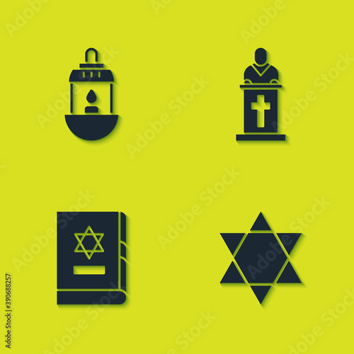 Set Ramadan Kareem lantern, Star of David, Jewish torah book and Church pastor preaching icon. Vector.