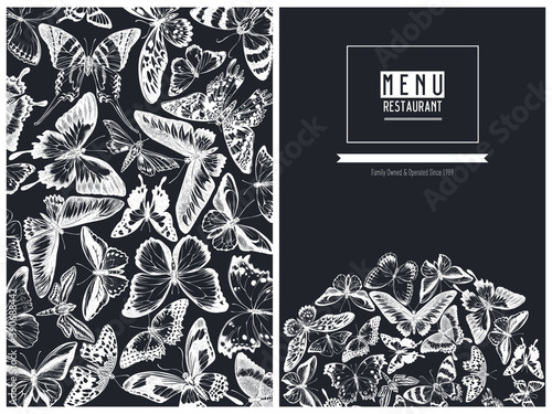 Menu cover design with chalk great orange-tip, emerald swallowtail, jungle queens, plain tiger, rajah brooke s birdwing, papilio torquatus, swallowtail butterfly