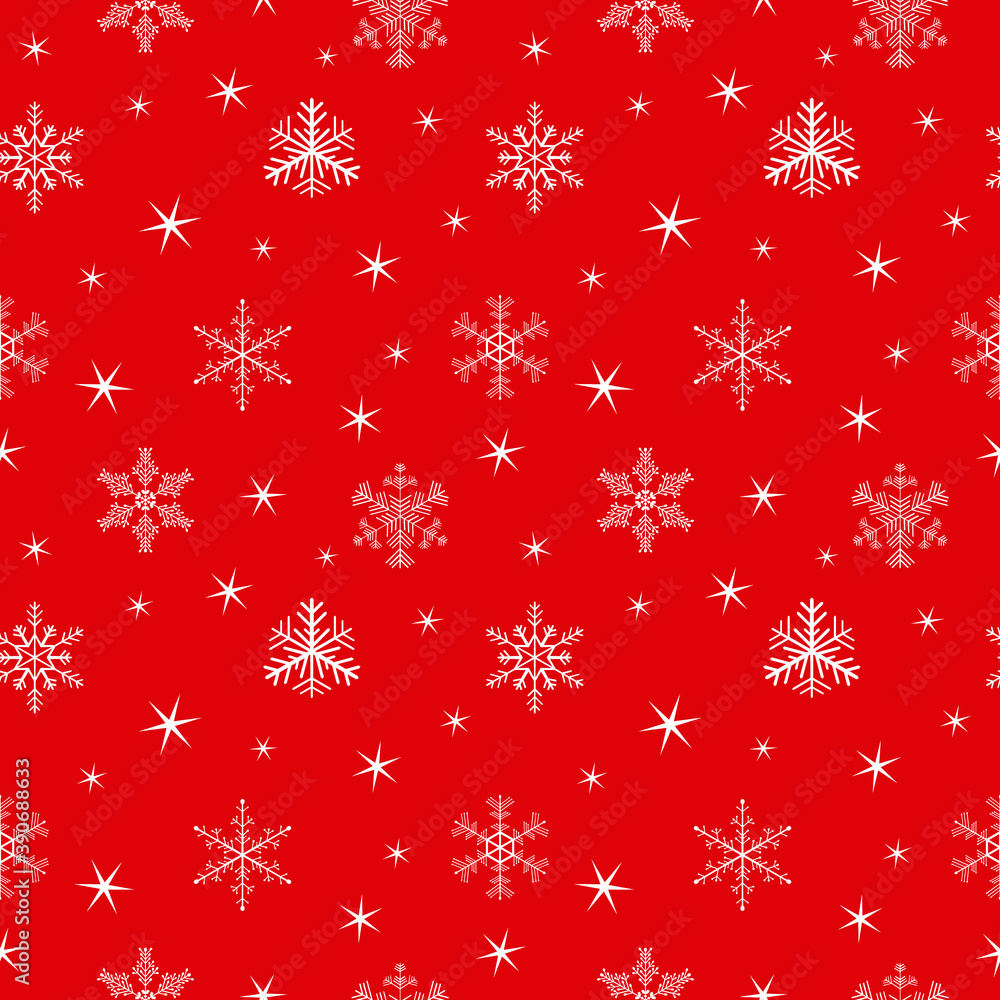 Snowflakes seamless pattern on red background. Vector illustration. Christmas textile print.