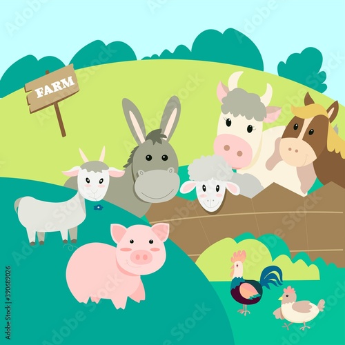 farm animals in the landscape background, pig, donkey, cow, rooster, chicken, goat, sheep, horse peeking out from behind the fence, cute cartoon illustration in flat style.