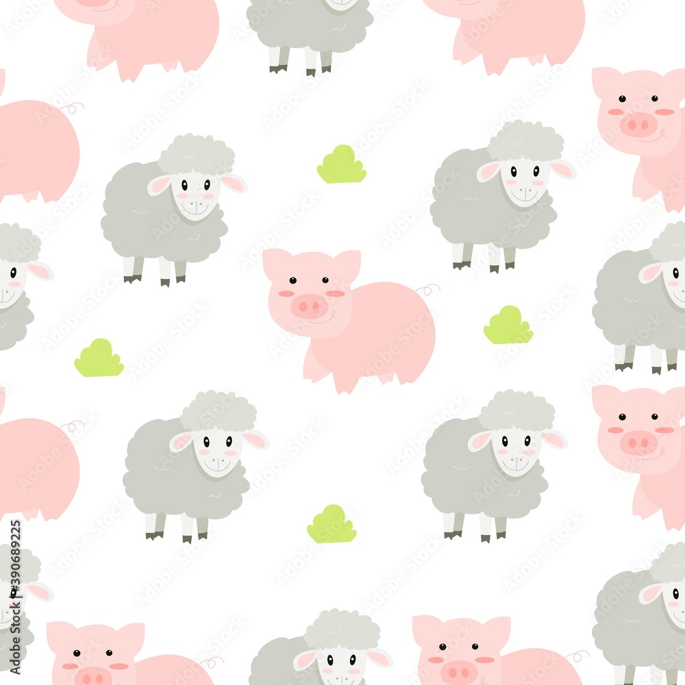 seamless pattern with cute pig and sheep, endless texture with farm animals, vector illustration in flat style seamless pattern with cute pig and sheep, endless texture with farm animals, vector illustration in flat style