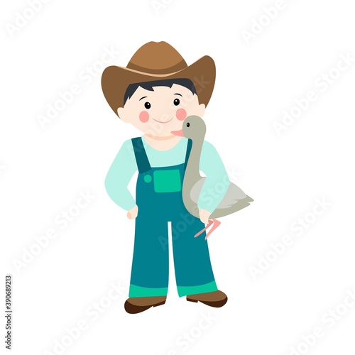 cartoon farmer with a goose in his hands. Cute vector illustration on isolated background in flat style