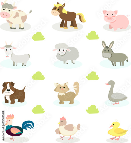 farm animals set on white background, vectors illustration in flat style, cartoon animals collection with cow, horse, pig, goat, sheep, donkey, dog, cat, hen, rooster, goose, duckling.