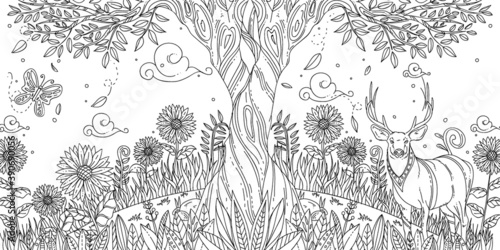 Outline Hand Drawn Deer At The Forest with Adult Coloring Style