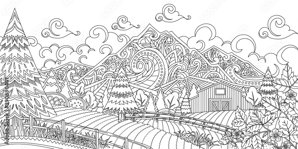 Outline Hand Drawn Farmyard Adult Coloring
