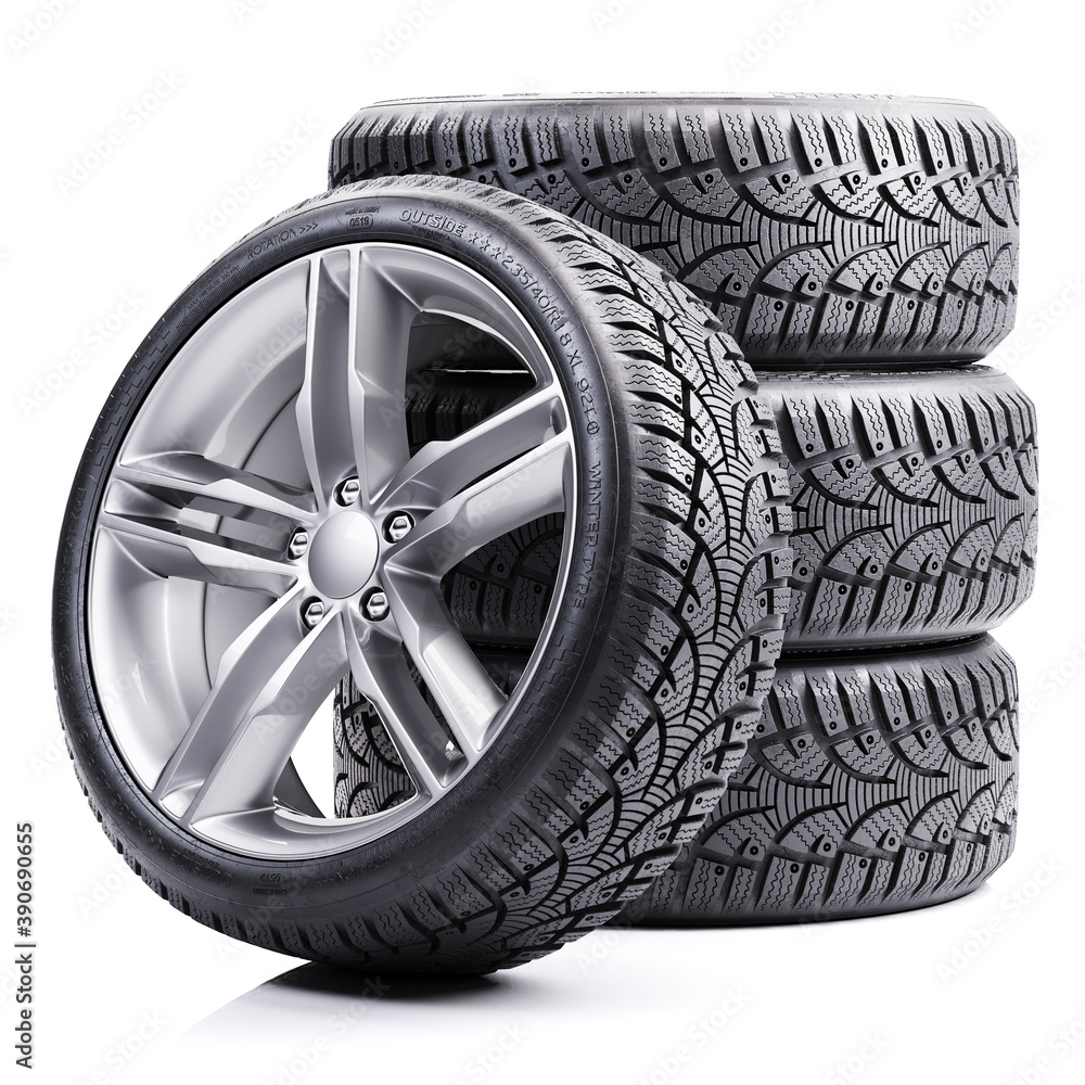 Group of car winter tires 3D - obrazy, fototapety, plakaty 