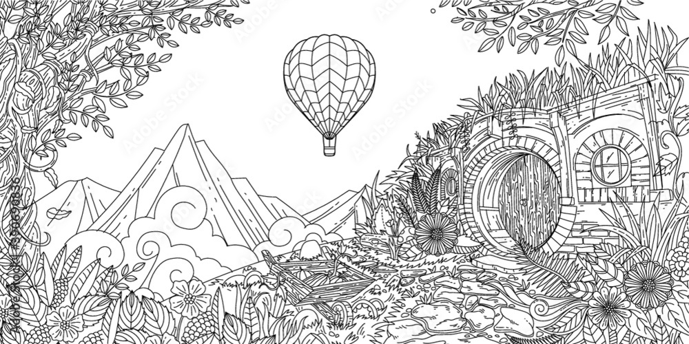 Outline Hand Drawn Hot Air Balloon Hobbit House New Zealand Adult Coloring  Stock Vector | Adobe Stock