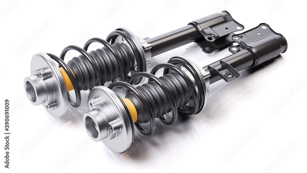 Pair of car shock absorbers with springs. Suspension components.3D Pair of car shock absorbers with springs. Suspension components.3D