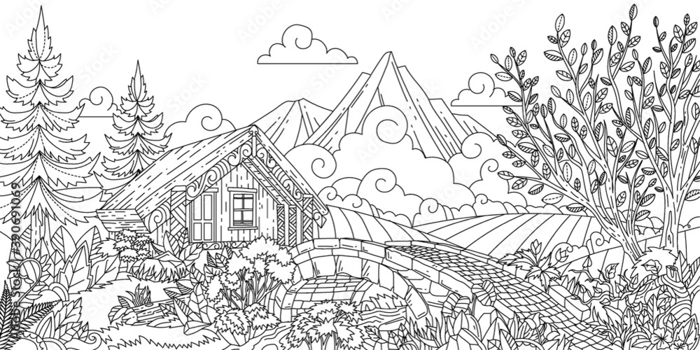 Outline Hand Drawn Maui House Landscape Adult Coloring