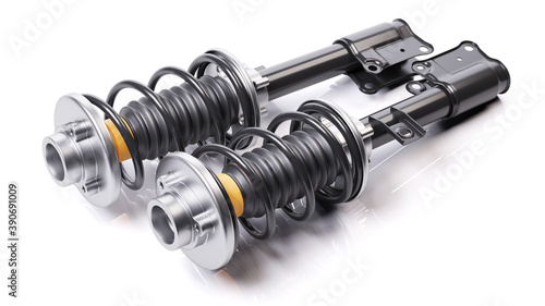 Pair of car shock absorbers with springs. Suspension components.3D photo