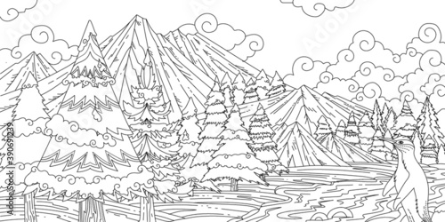 Outline Hand Drawn Forest at WInter Adult Coloring