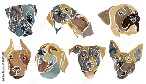 Watercolor abstract set of dogs portraits 