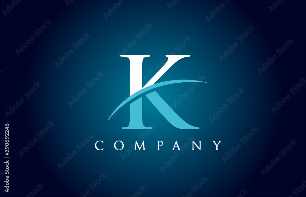 K alphabet letter logo icon for company in blue and white colour. Simple swoosh design for corporate and business