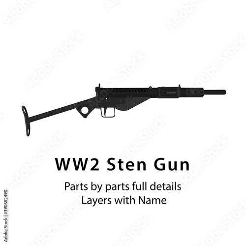 Sten gun. British World War II submachine gun. WW2 guns | Parts by parts with layers name, best for animation such as firing, reloading, etc. 