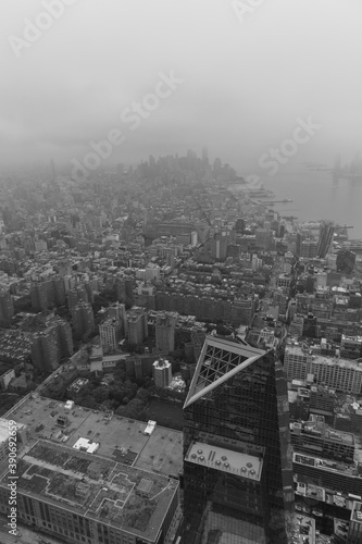 Aerial view of Downtown Manhattan on a foggy day in black and white photo