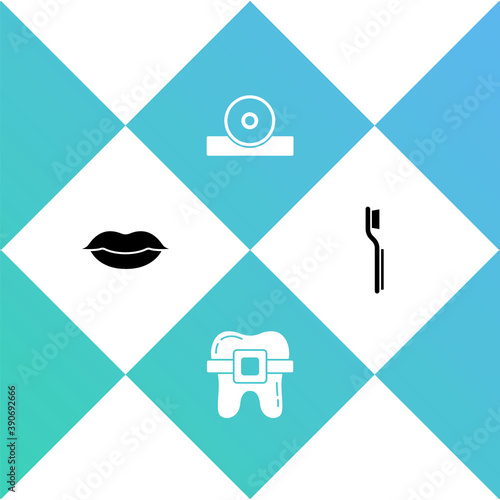 Set Smiling lips, Teeth with braces, Otolaryngological head reflector and Toothbrush icon. Vector.