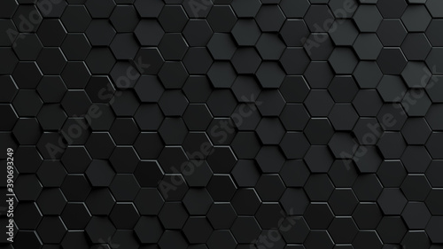Abstract black hexagons background. 3D render