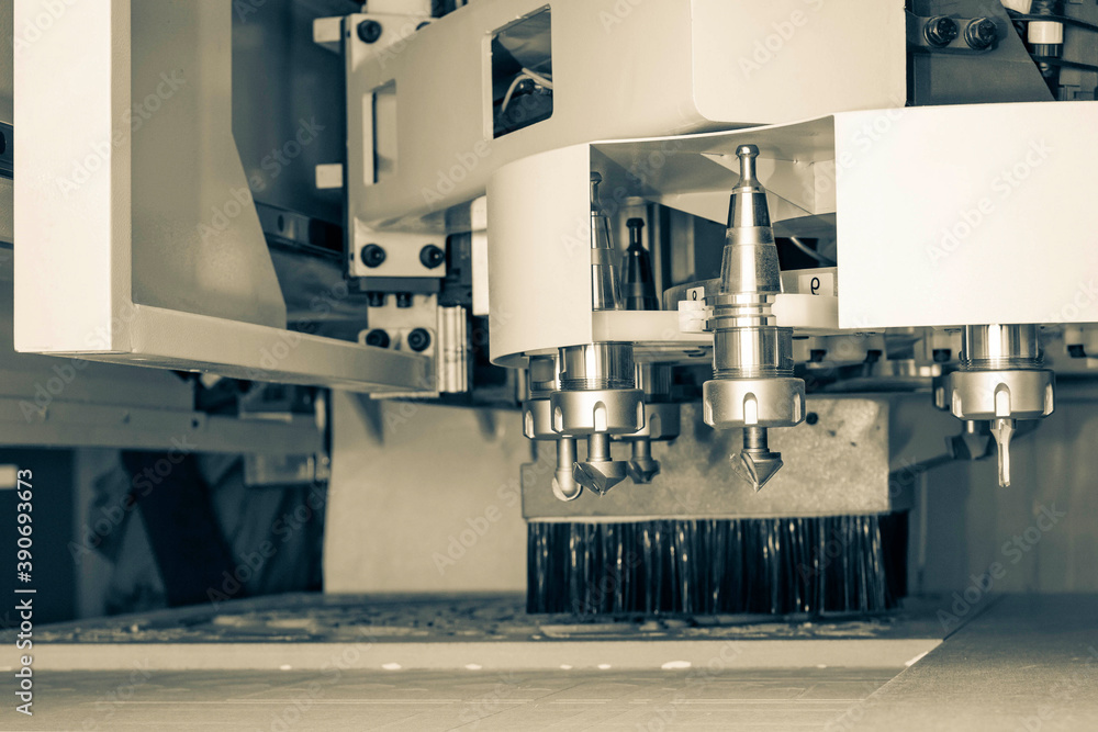 Milling a wooden board. Processing of wood panels on CNC coordinate milling woodworking machines. CNC woodworking machine. Milling a wooden board. Processing of wood panels on CNC coordinate milling woodworking machines. CNC woodworking machine.