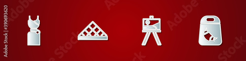 Set Woman dress, Louvre museum, Easel or painting art boards and Croissant package icon. Vector.