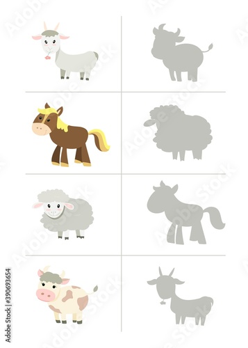 Find the correct shadow, education game for children. Farm animals collection set with sheep, goat, horse and cow