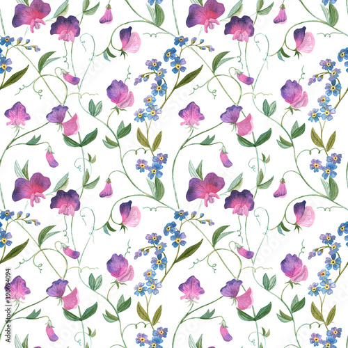 Sweet pea and forget-me-not watercolor seamless pattern. Wild and garden flowers textile background. Delicate floral decoration.