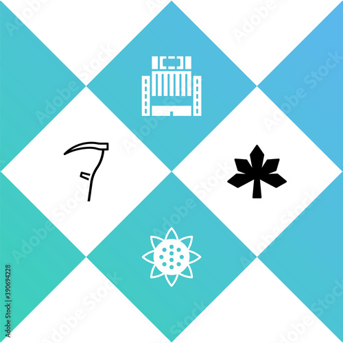 Set Scythe, Sunflower, Hotel Ukraina building and Chestnut leaf icon. Vector.