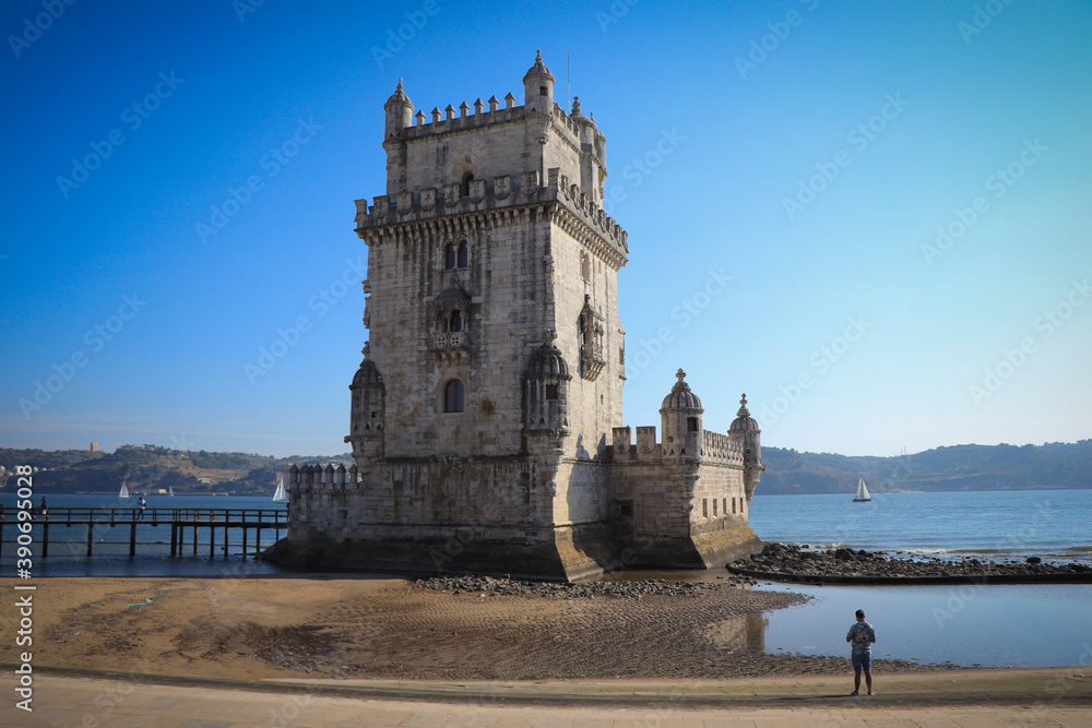 View at the Belem tower at the bank of Tejo River in Lisbon - Portugal	