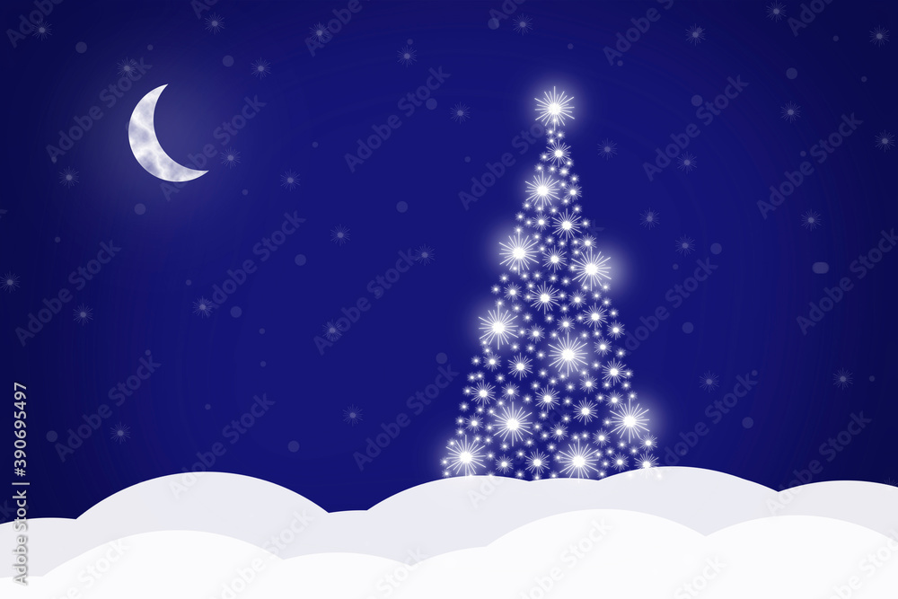 Christmas background with Christmas tree and crescent on a blue background, vector illustration.