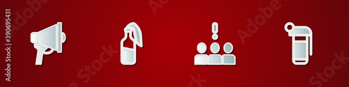 Set Megaphone, Cocktail molotov, Crowd protest and Hand grenade icon. Vector.